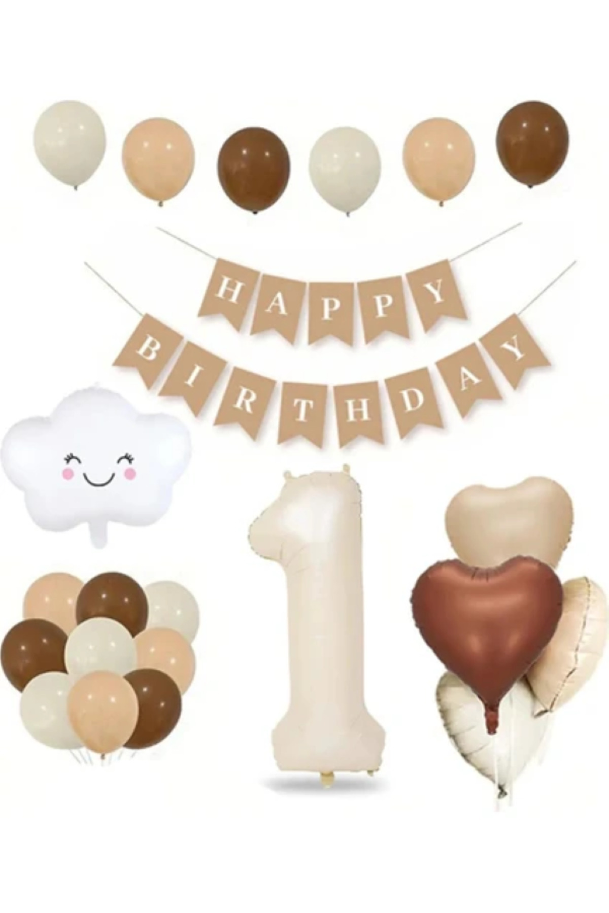 1 Yaş Için Retro Doğum Günü Seti Krem Rakam Folyo Banner Bulut Folyo Balon Balon Bandı