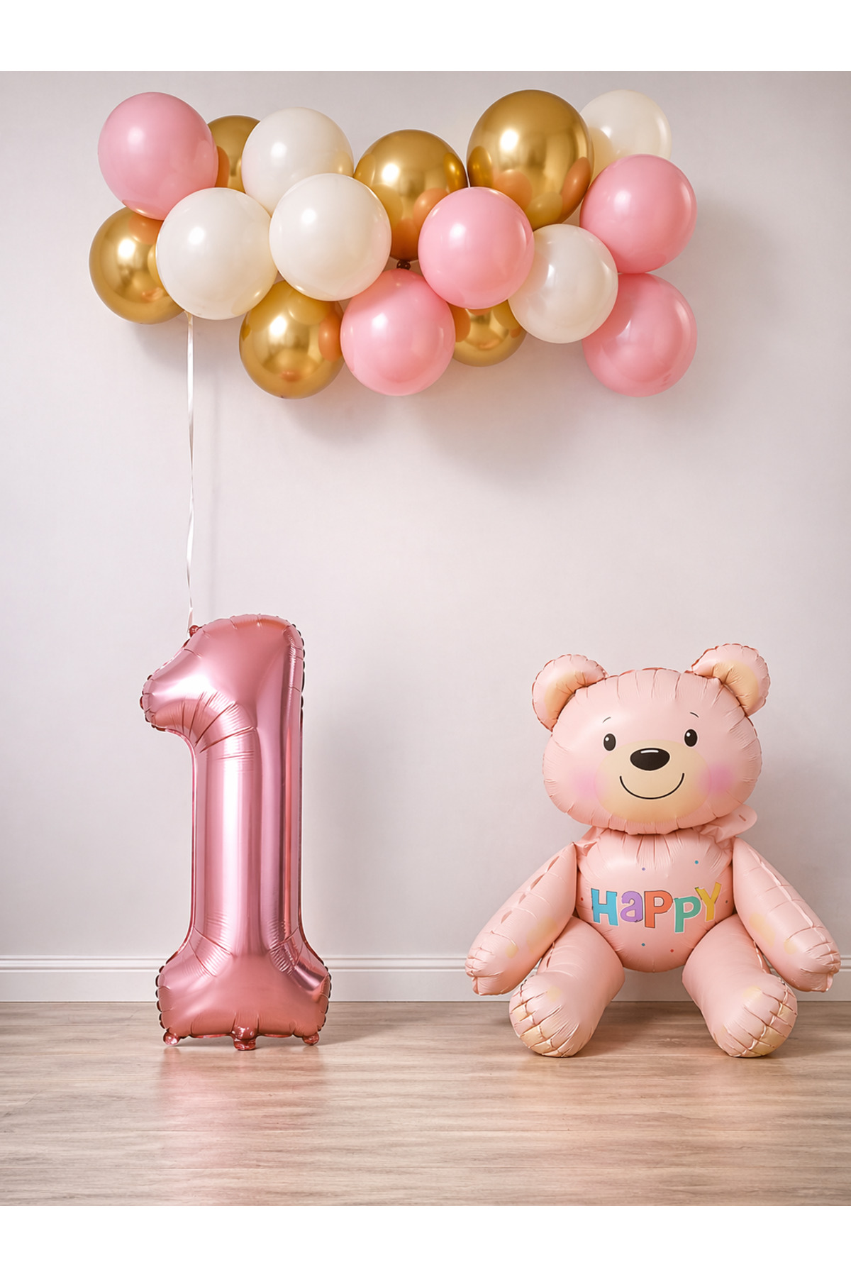 1 Yaş Pembe Ayıcık Temalı Doğum Günü Balon Seti Kız çocuğu