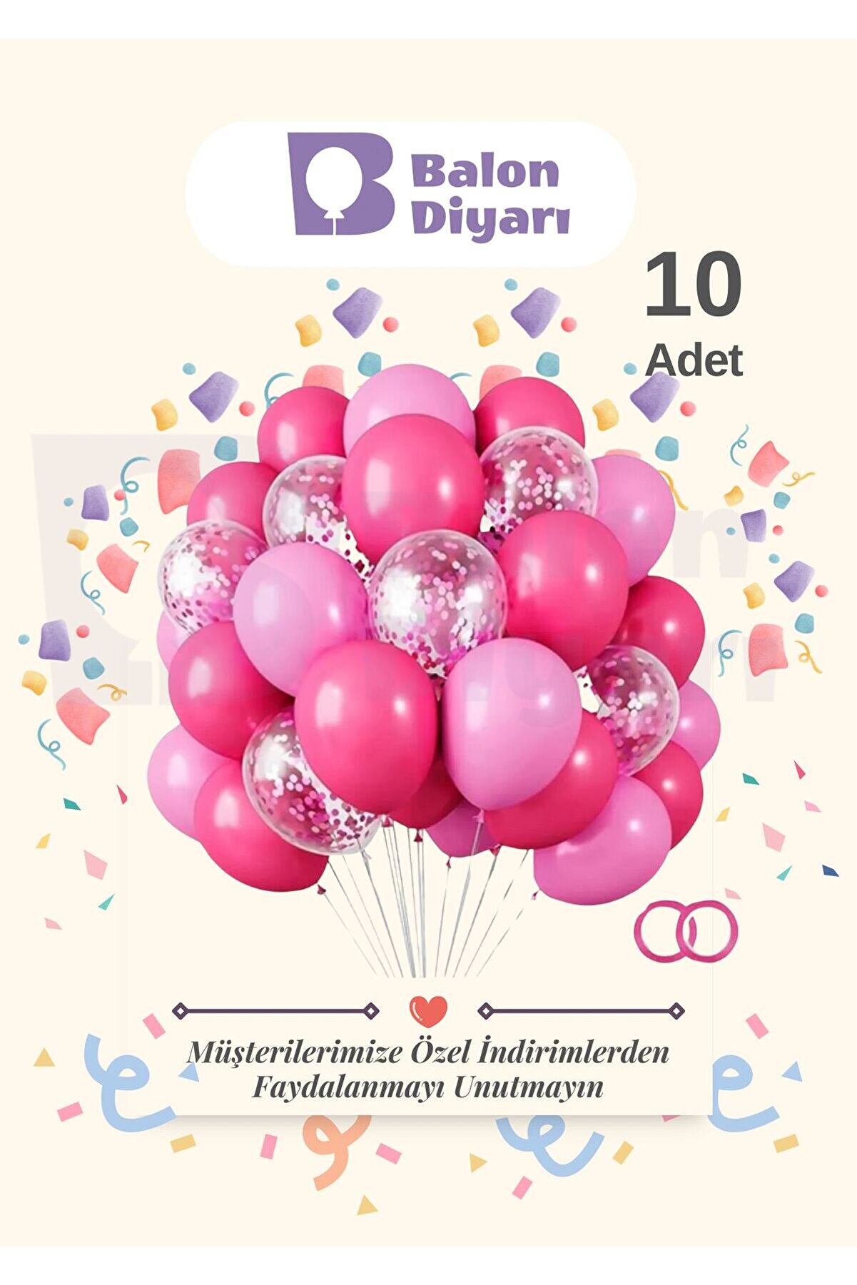 10 adet Fuşya - Pembe Şeffaf Konfetili Kaliteli Balon Seti