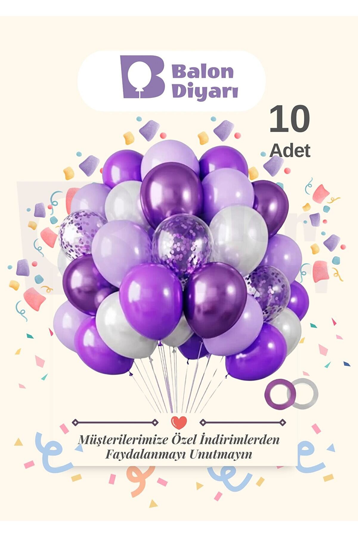 10 Adet Lila - Mor - Beyaz - Şeffaf Konfetili, Balon Kaliteli Balon Seti