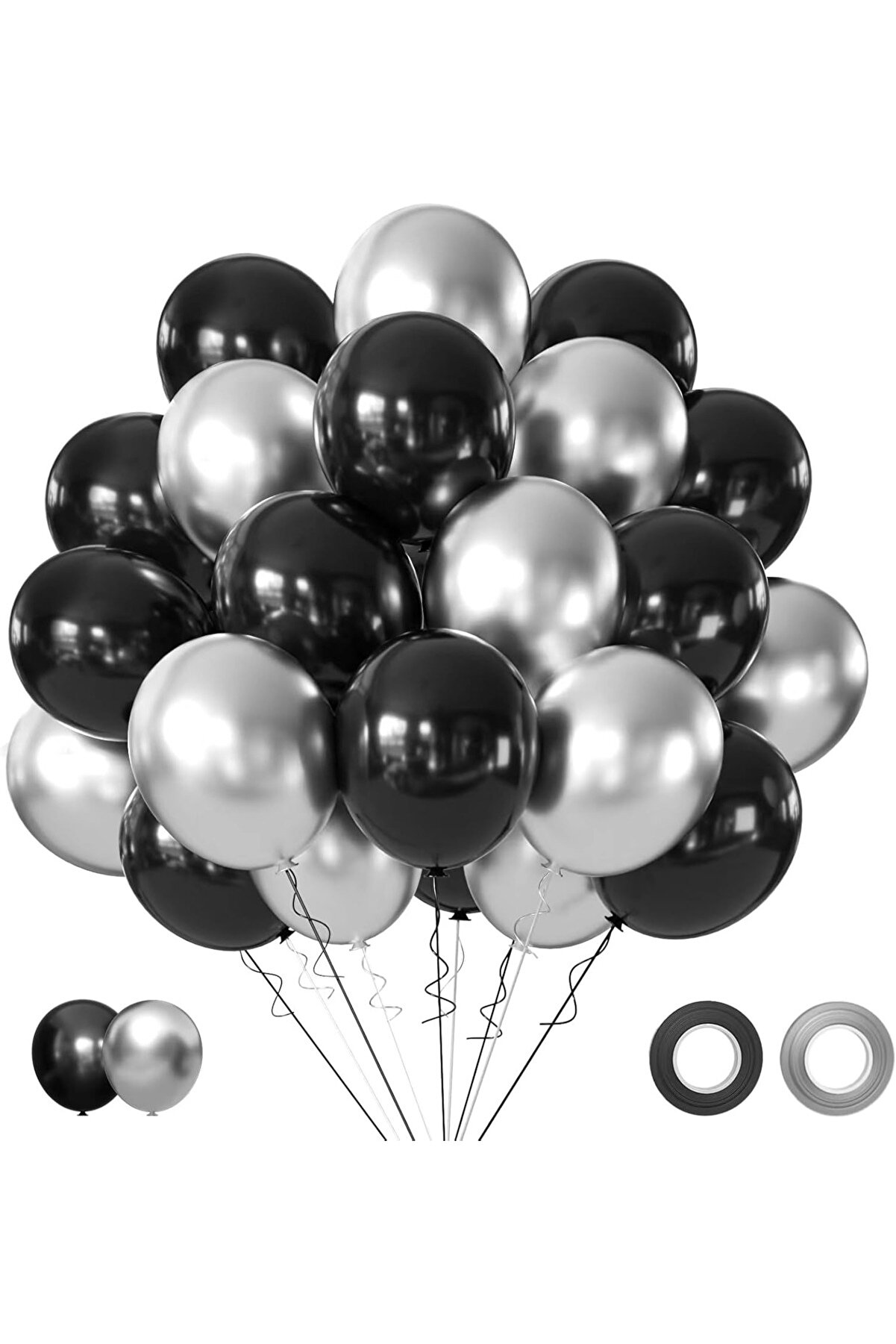 12 Adet Siyah & Gümüş Metalik Balon Buketi