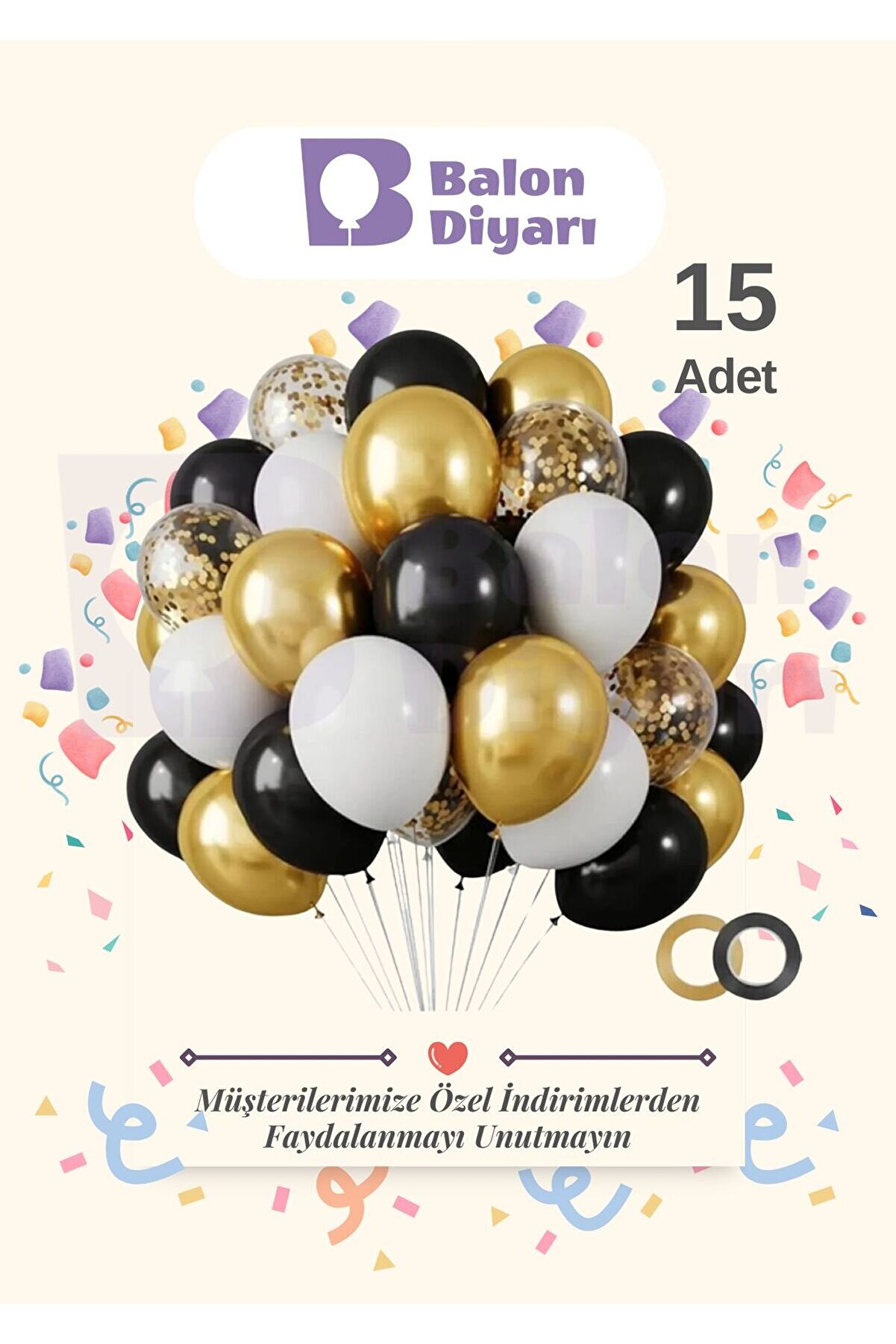 15 Adet Siyah - Beyaz - Konfetili Şeffaf Balon, Metalik Gold Balon Kaliteli Balon Seti