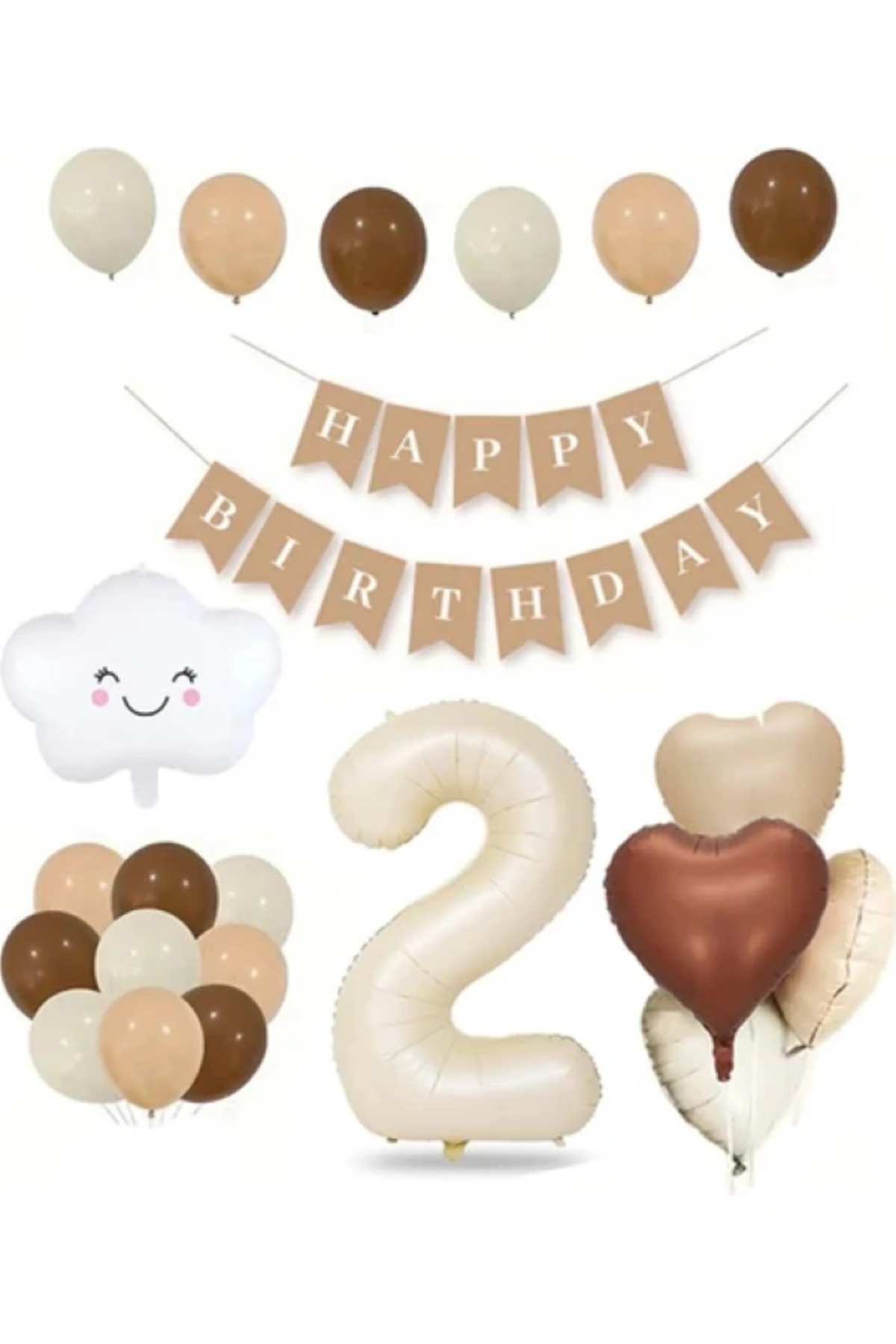 2 Yaş Için Retro Doğum Günü Seti Krem Rakam Folyo Banner Bulut Folyo Balon Balon Bandı