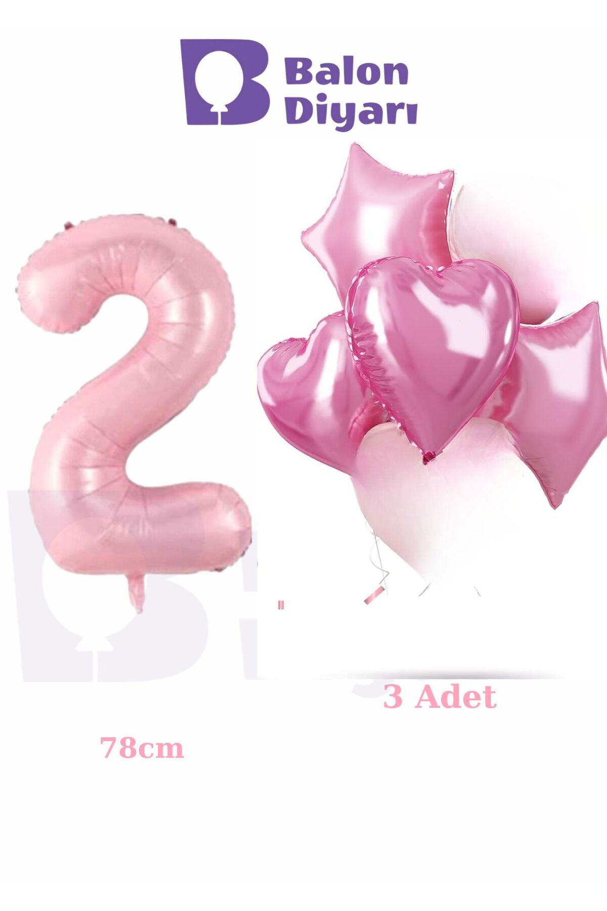 2 yaş pembe kızlara özel doğum günü 3 adet kalp yıldız folyo balon seti