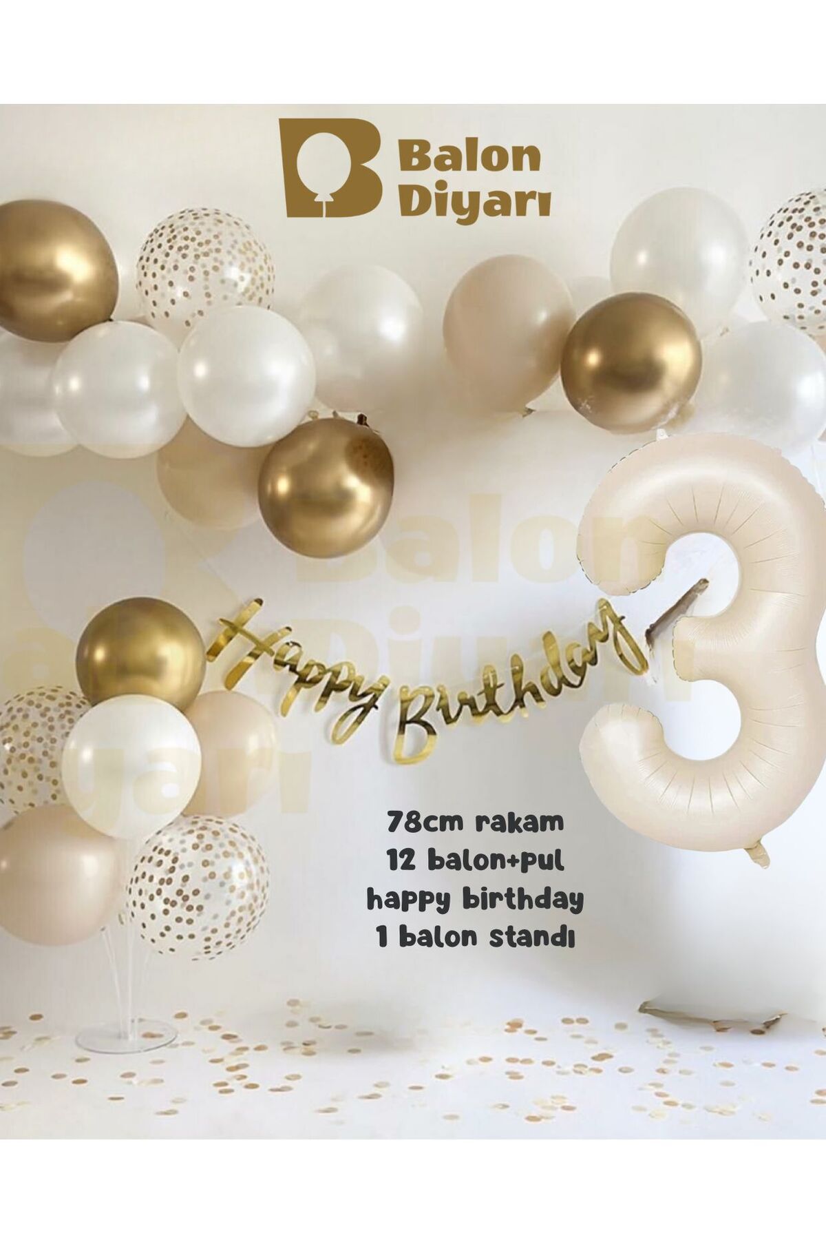 3 yaş Folyo 12 balon banner 7li stand elit doğum günü seti