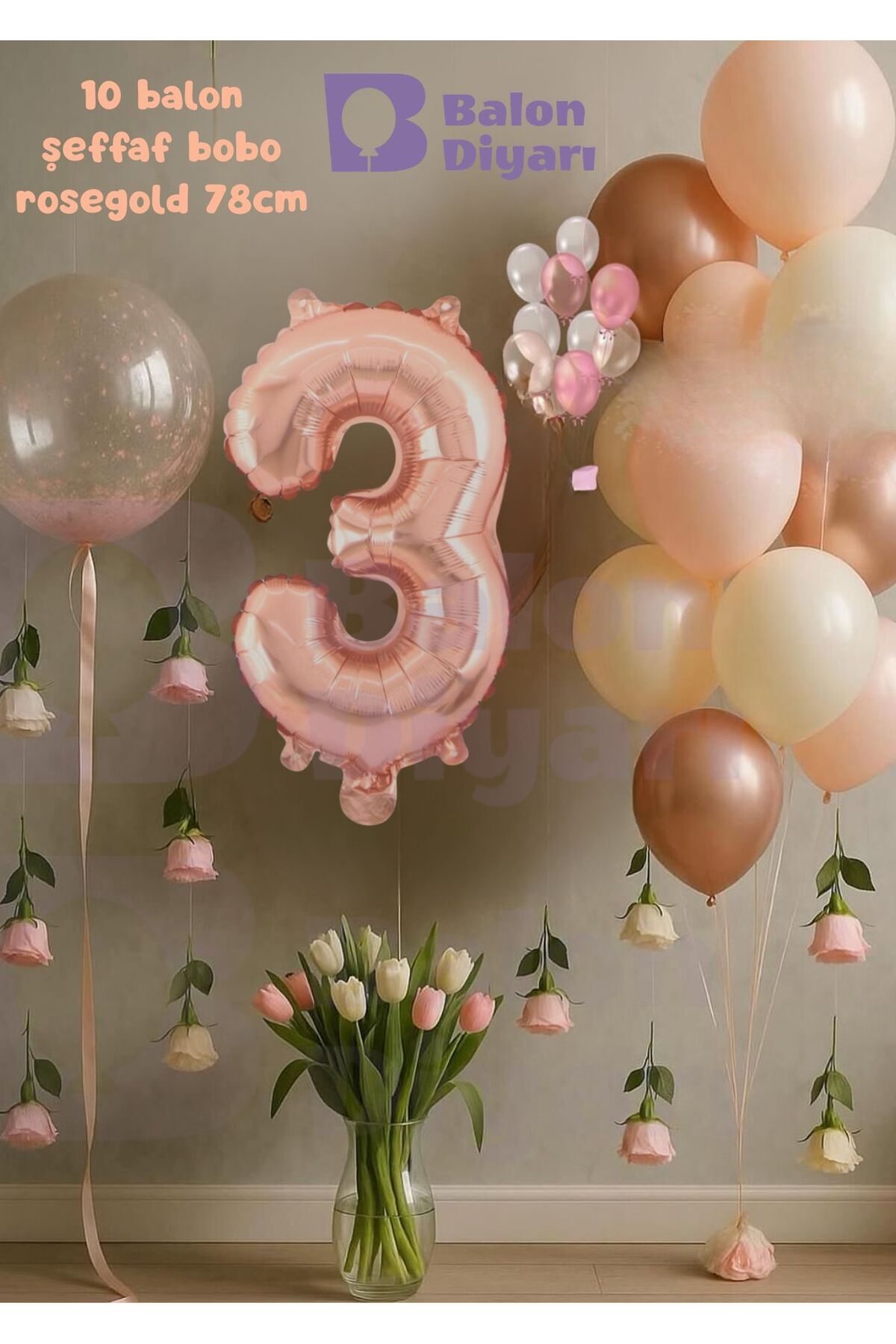 3 Yaş Rosegold Doğum Günü Seti Şeffaf Bobo hediyeli