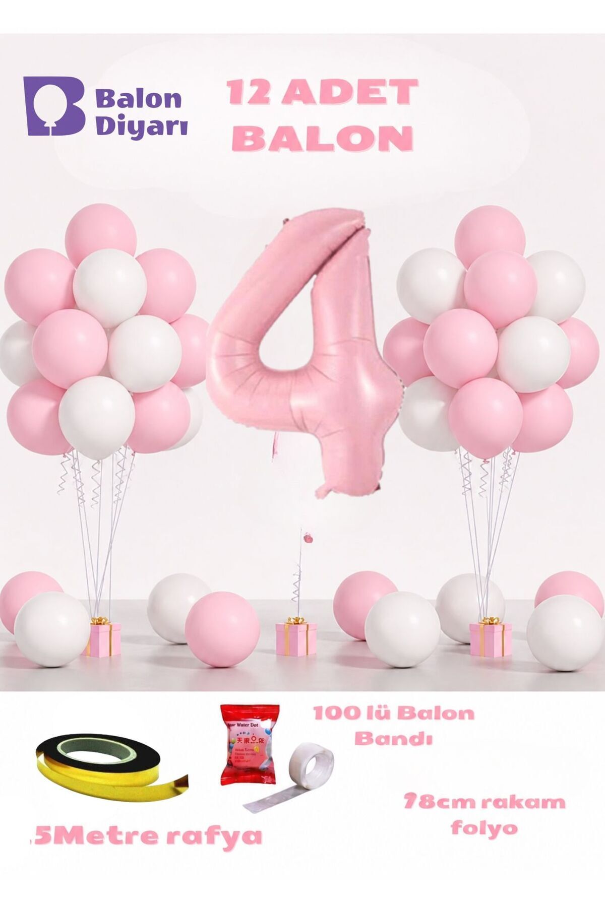 4 Yaş Pembe Doğum Günü Balon Seti 78cm balon bandı rafyası dahil