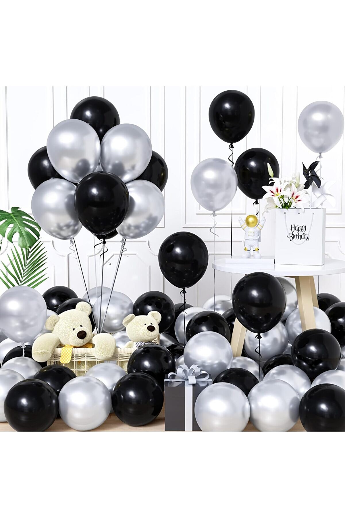 40 Adet Siyah & Gümüş Balon Seti - Modern Parti Dekorasyonu