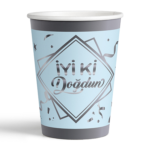 8'li Karton Bardak Silver Yaldızlı İyi Ki Doğdun Mavi