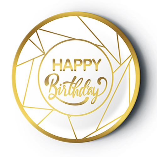 8'li Karton Tabak Gold Yaldızlı Happy Birthday Beyaz