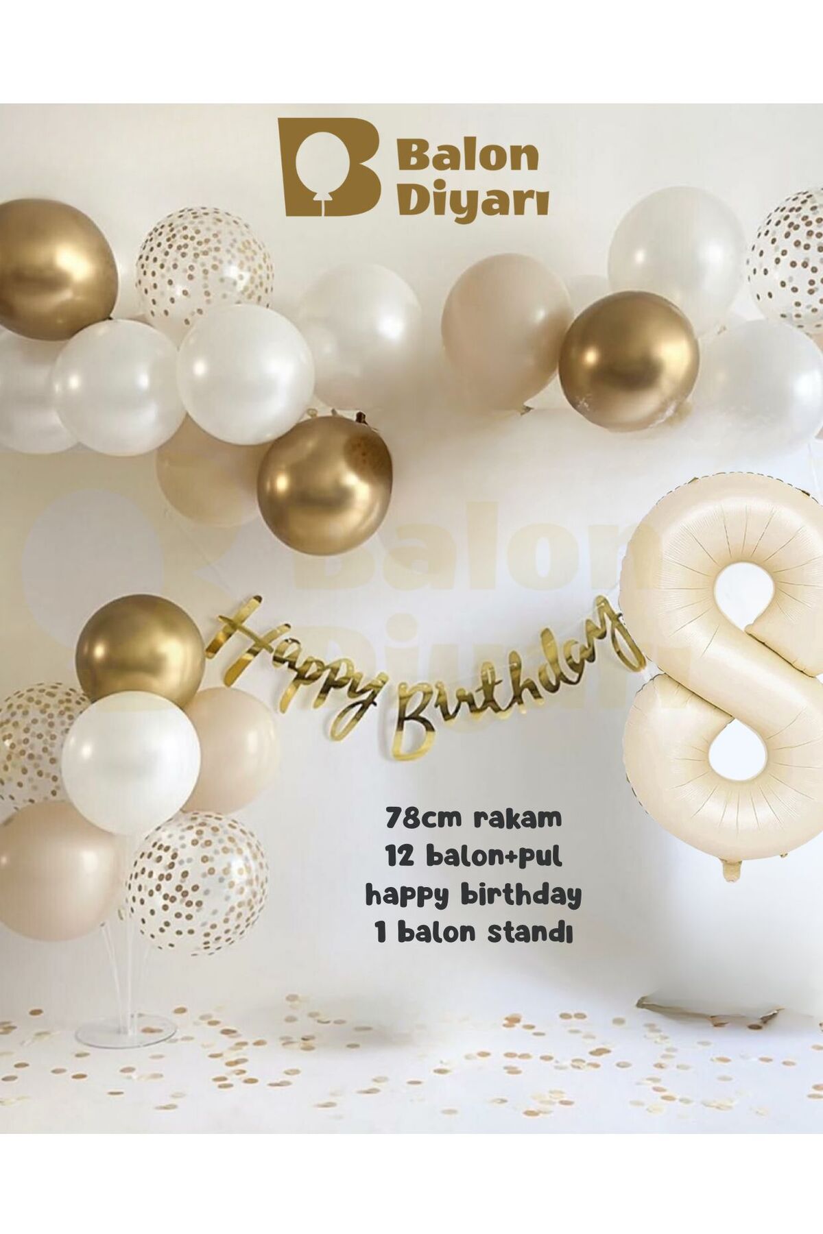 8 yaş Folyo 12 balon banner 7li stand elit doğum günü seti