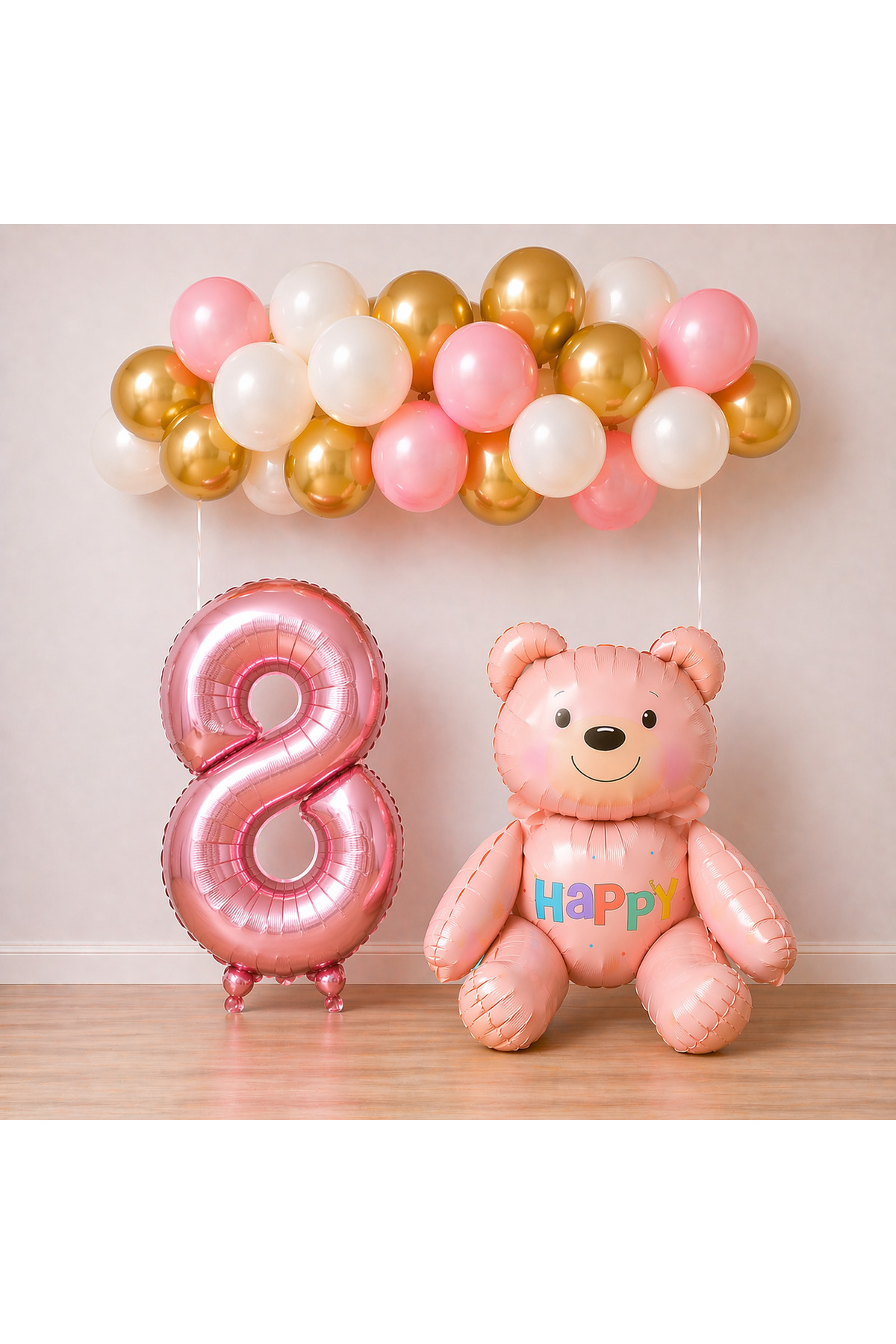 8 Yaş Pembe Ayıcık Temalı Doğum Günü Balon Seti Kız çocuğu