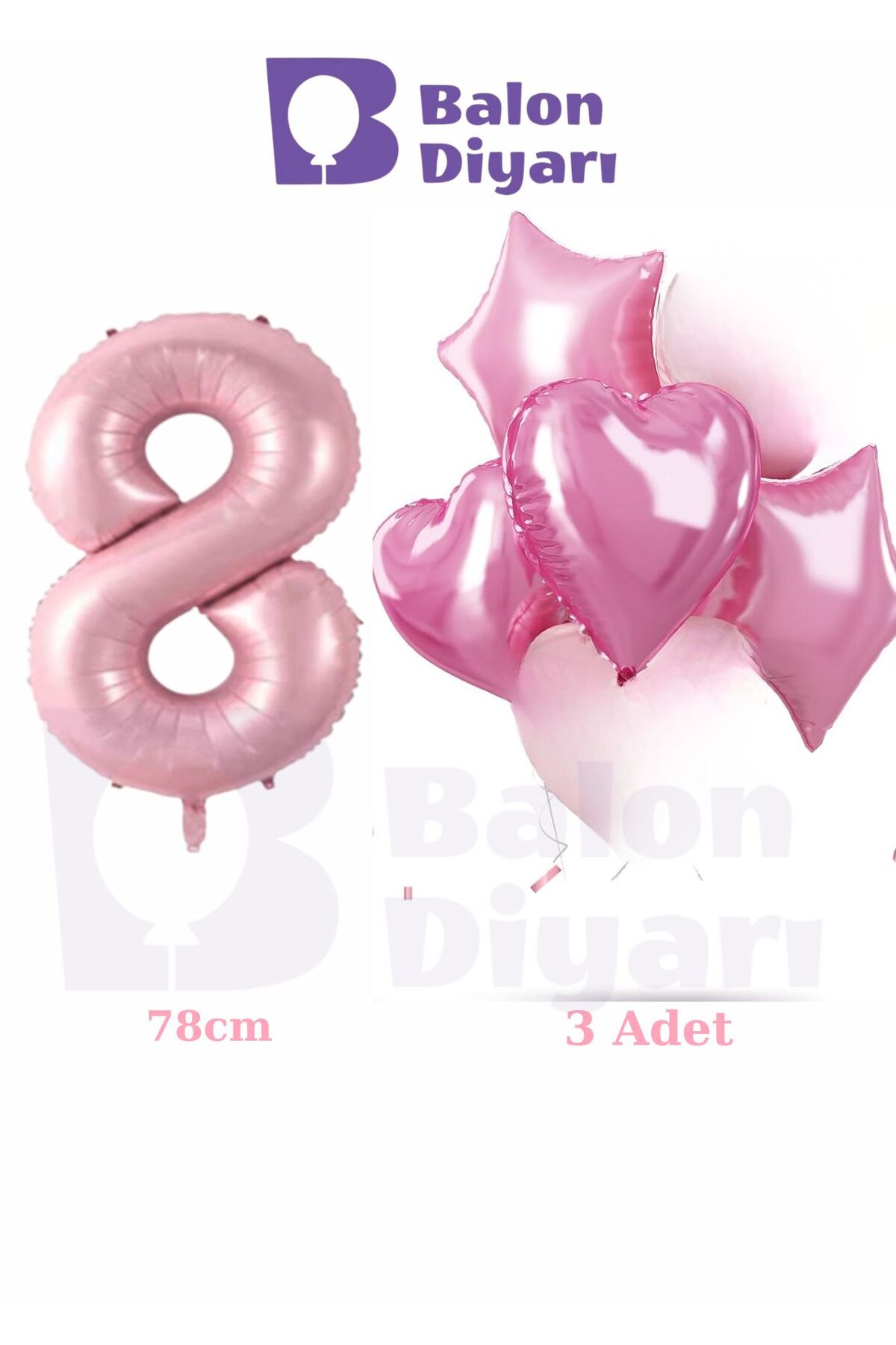 8 yaş pembe kızlara özel doğum günü 3 adet kalp yıldız folyo balon seti