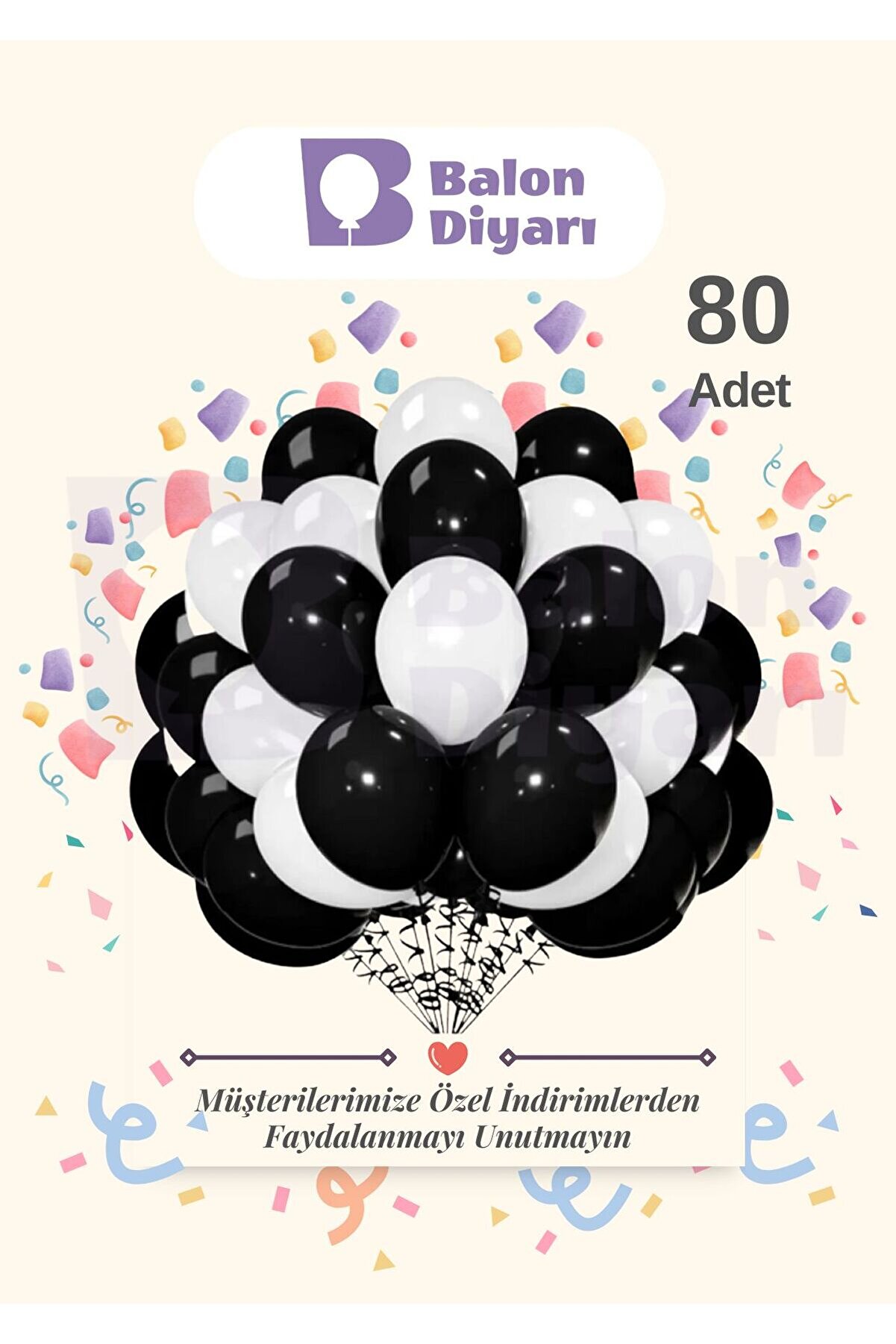 80 Adet Siyah - Beyaz - Konfetili Şeffaf Balon, Metalik, Mat Pastel Kaliteli Balon Seti