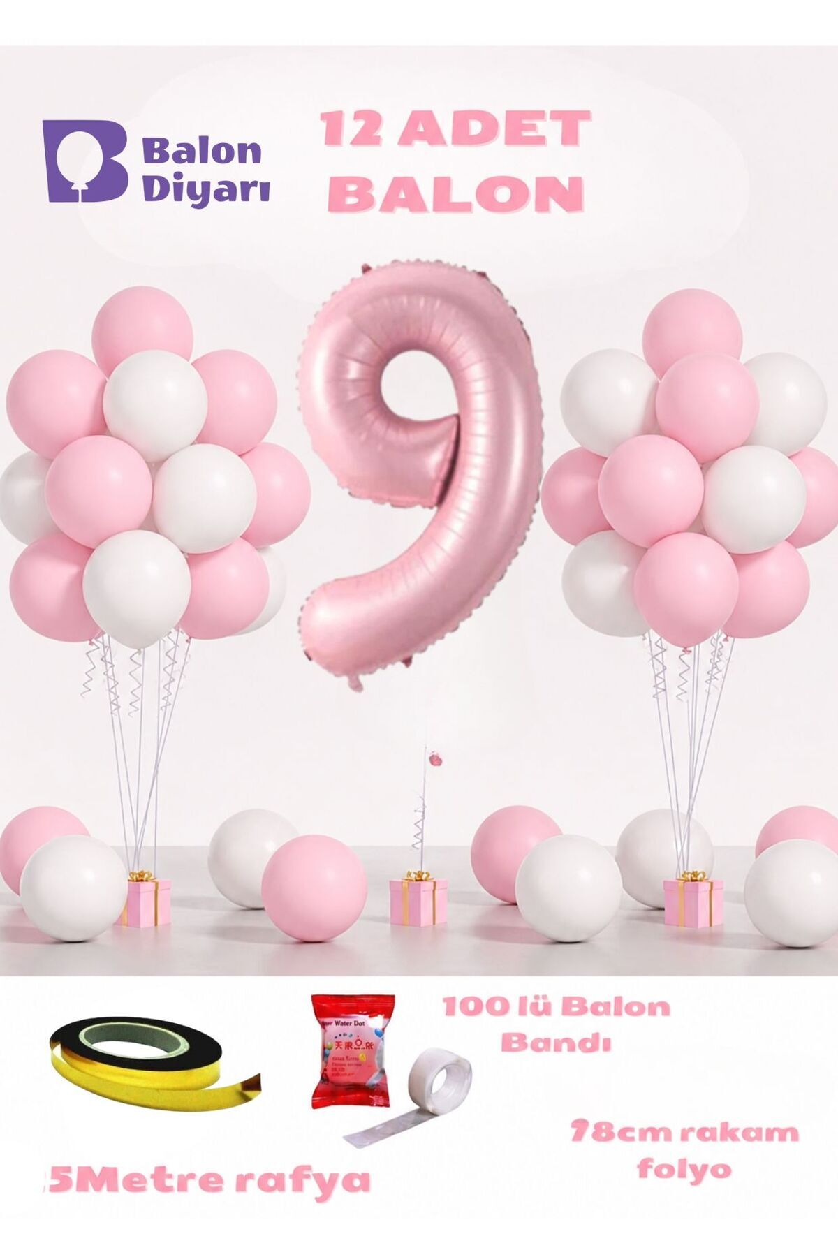 9 Yaş Pembe Doğum Günü Balon Seti 78cm balon bandı rafyası dahil