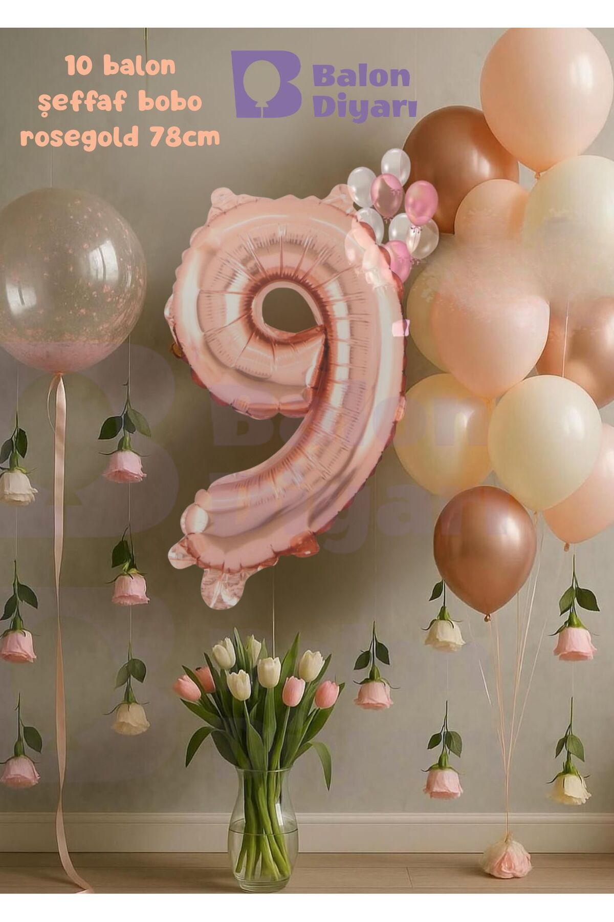 9 Yaş Rosegold Doğum Günü Seti Şeffaf Bobo hediyeli