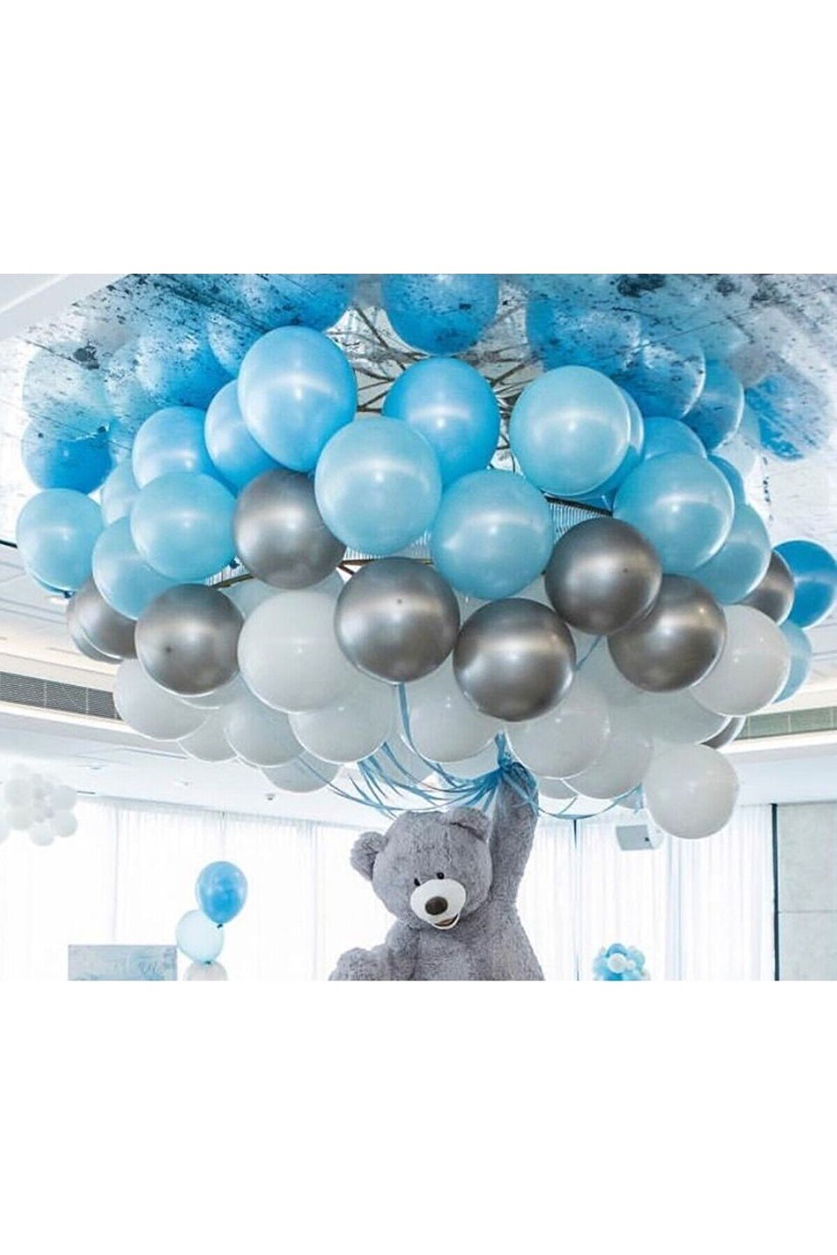 Balon Diyarı 35 adet Metalik Balon (Mavi - Beyaz - Gümüş Karışık) Uçan Balon
