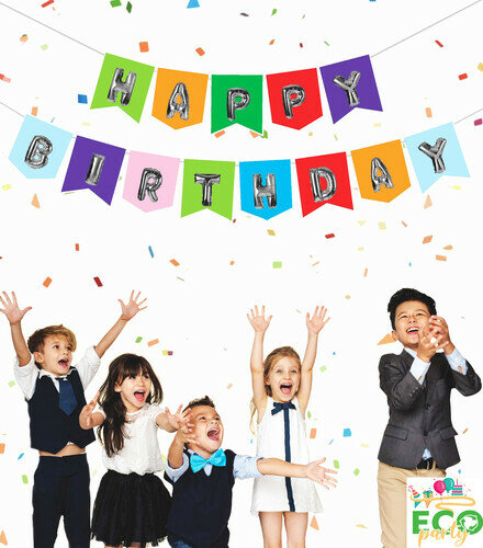 Eco Zarflı Banner Happy Birthday Renkli Gümüş