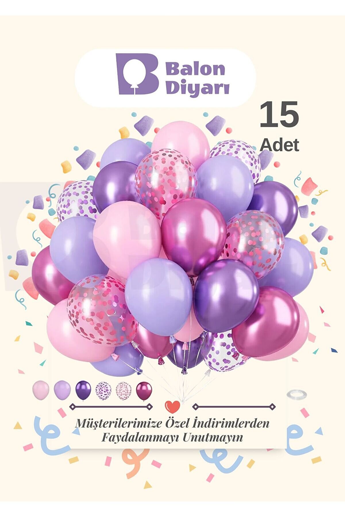 Fuşya & Mor & Pembe & Lila Konfeti 15 Adet Balon Seti – Göz Alıcı Ve Şık Parti Dekoru