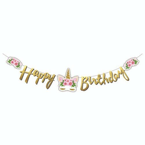 Kaligrafi Banner Çiçekli Unicorn Happy Birthday