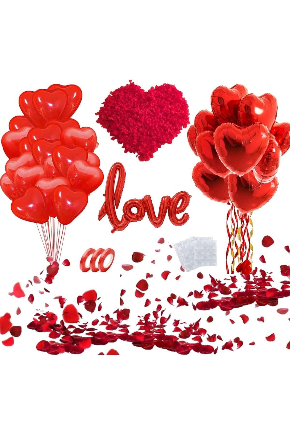 love folyo + 4 adet 45cm kırmızı kalp folyo + 10 kırmızı kalp lateks + kuru gül + bandı &