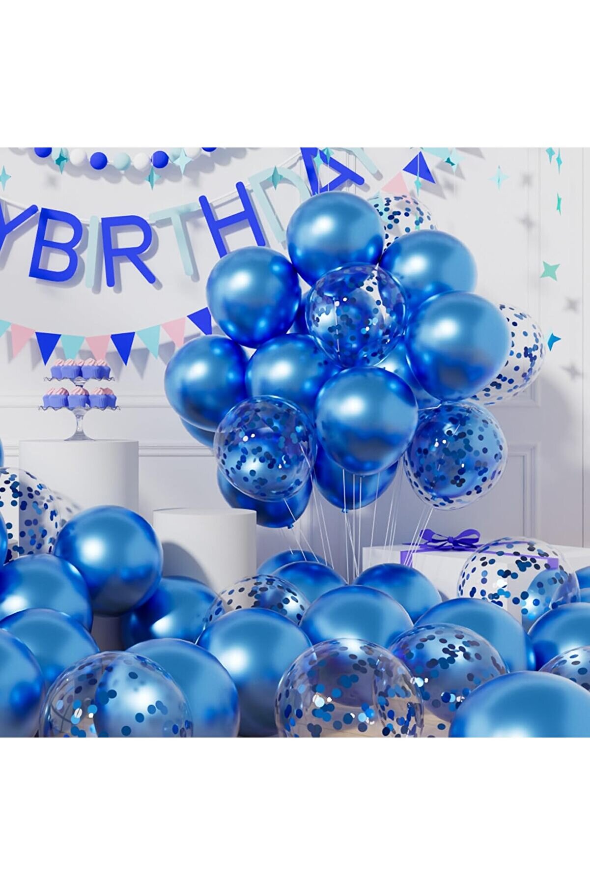 Mavi Sedefli 10 adet Metalik Şeffaf Balon Premium 2 Paket Balon Pulu