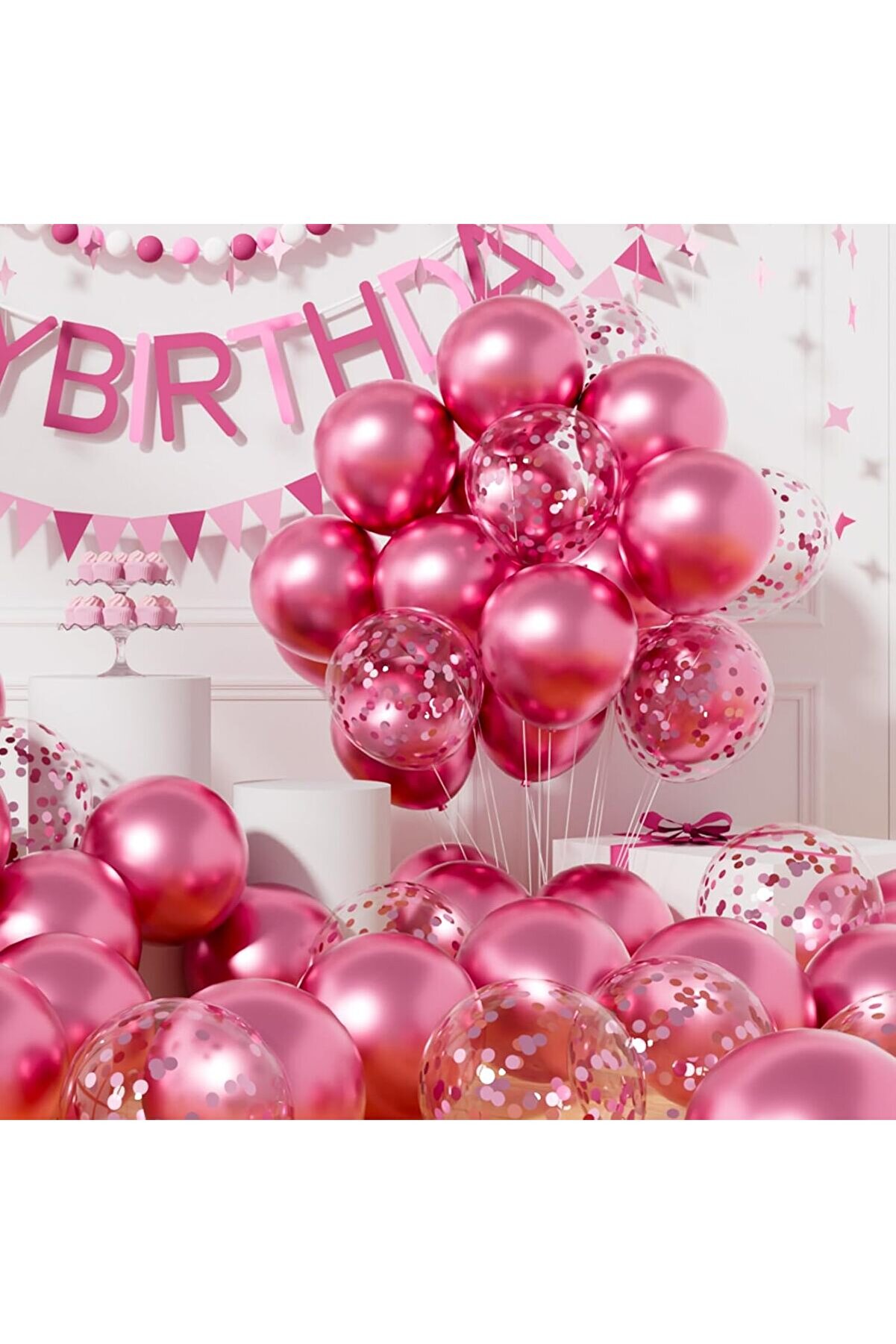 Pembe Sedefli 10 Adet Metalik Şeffaf Balon Premium 2 Paket Balon Pulu