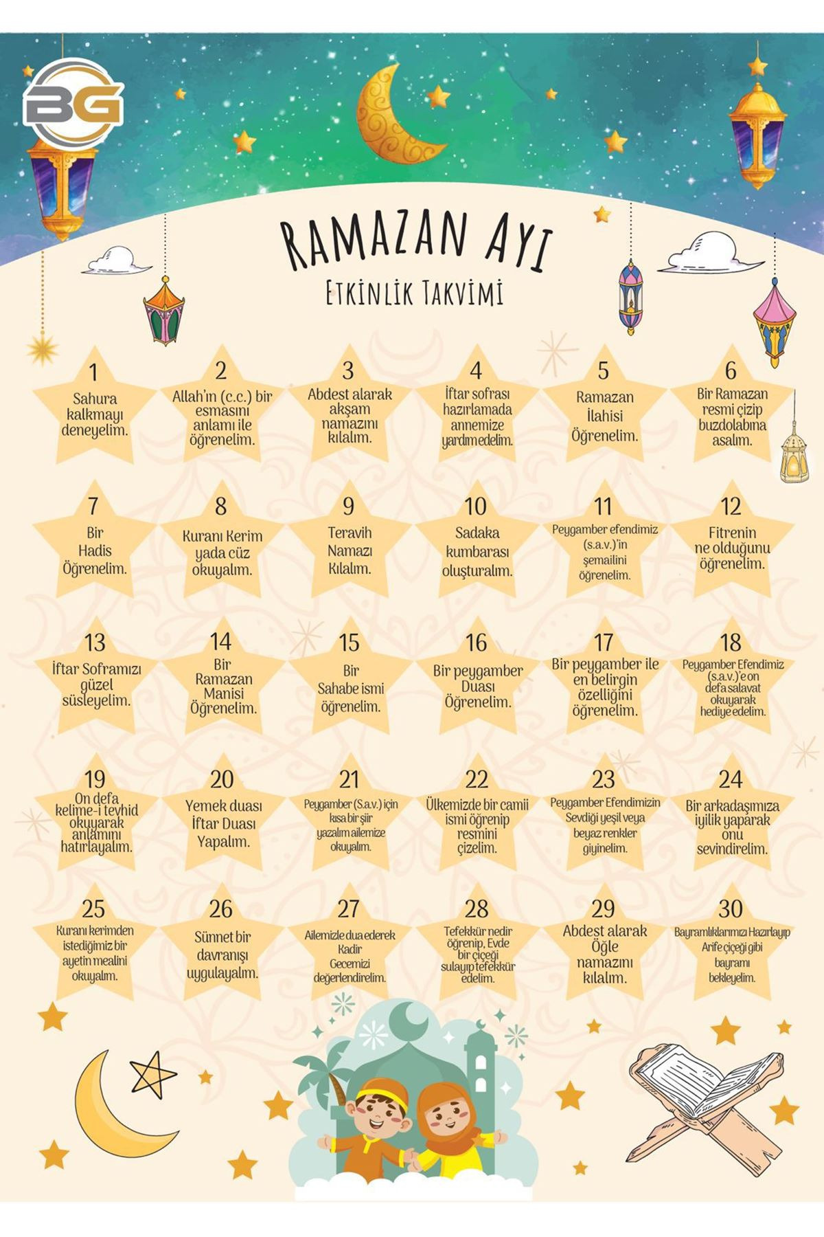 Ramazan ayı etkinlik takvimi 30 Günlük Çocuklara özel