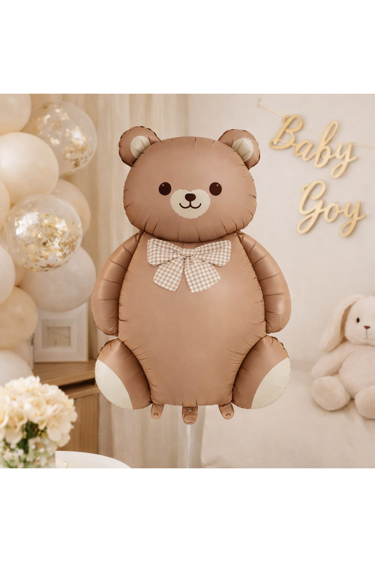 Retro Sevimli Ayı Bej papyonlu Bear Folyo Balon Baby Shower Doğum Günü Kutlama