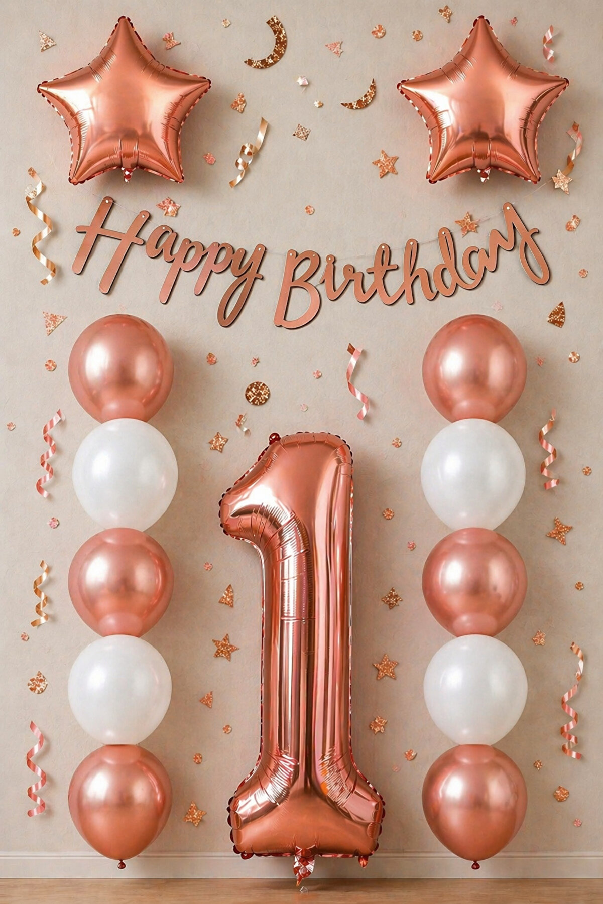 Rose Gold 1 Yaş Doğum Günü Kutlama Seti; Beyaz Rose Gold Balon, Rakam Yıldız Folyo Ve Banner
