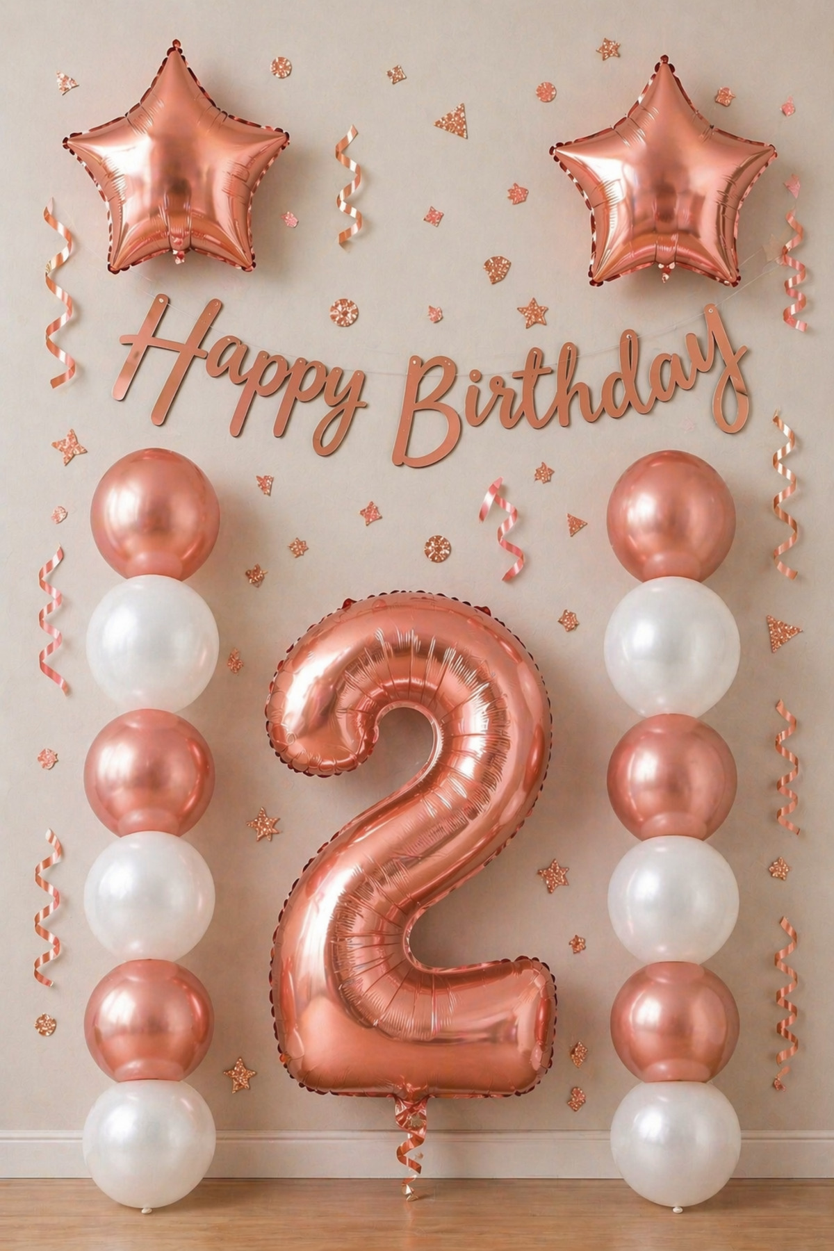 Rose Gold 2 Yaş Doğum Günü Kutlama Seti; Beyaz Rose Gold Balon, Rakam Yıldız Folyo Ve