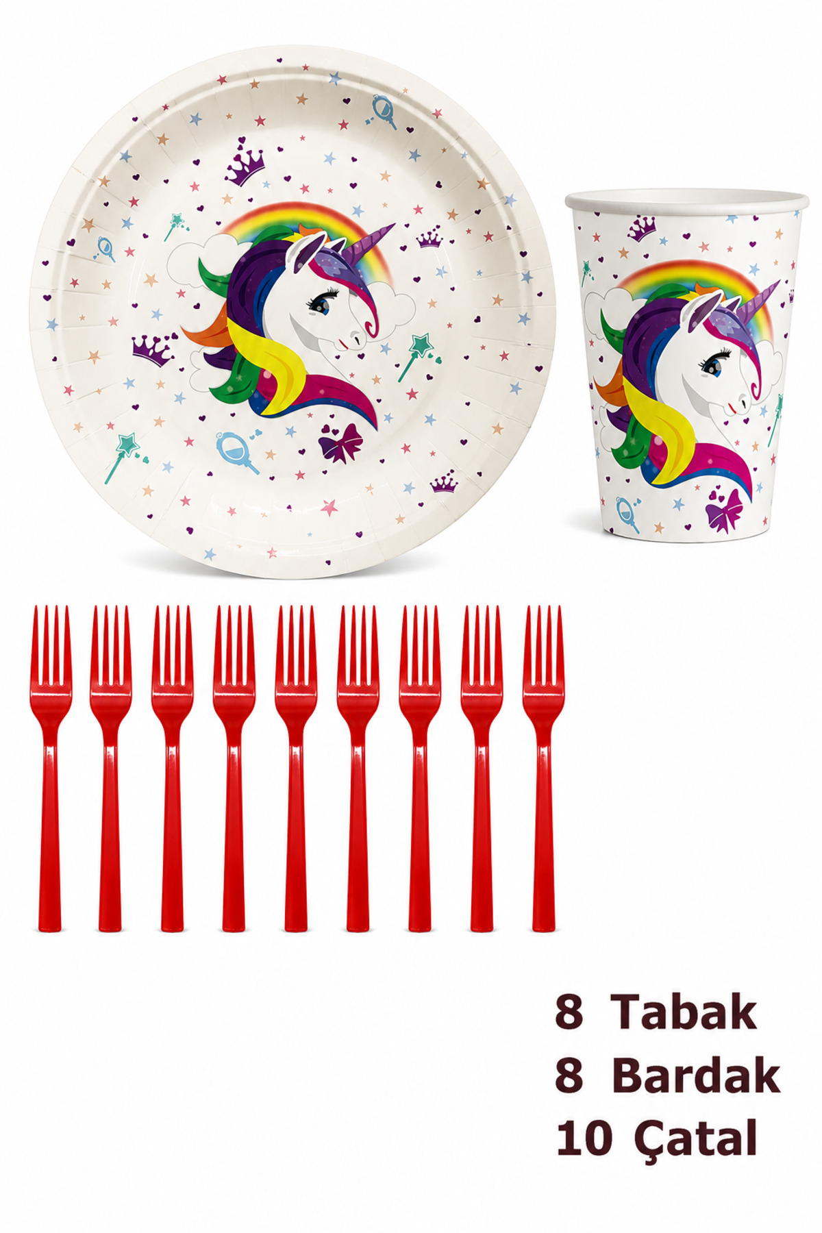 Unicorn Temalı Kağıt Bardak ve Çatal Seti – Doğum Günü Parti Malzemeleri