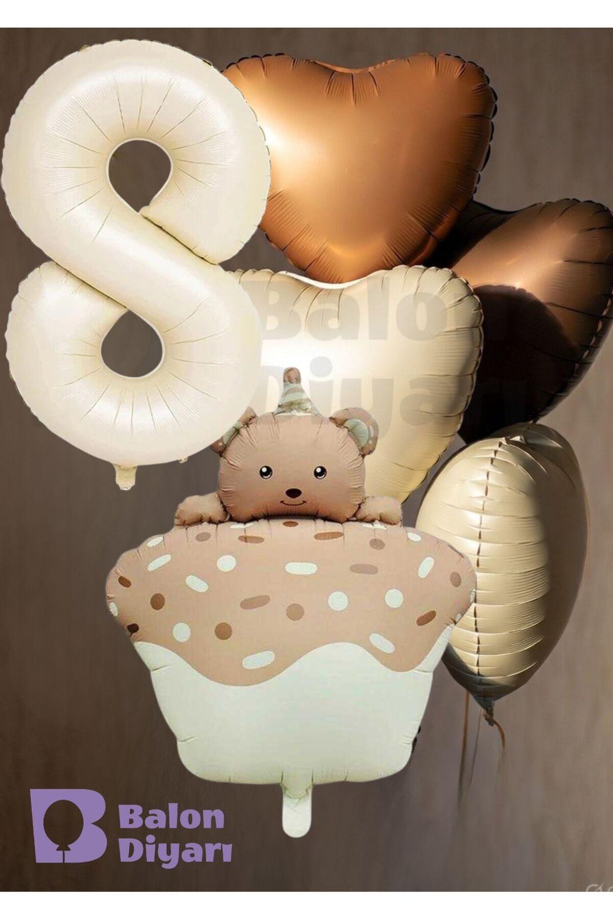 Yaş temalı Retro Ayıcık Pastalı 3 adet kalpli Doğum günü balon seti