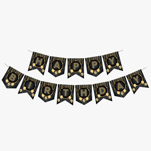 Zikzak Banner Ofset Siyah Gold Happy Birthday