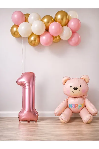 1 Yaş Pembe Ayıcık Temalı Doğum Günü Balon Seti Kız çocuğu