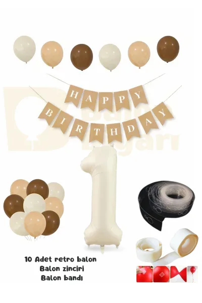 1 Yaş Retro Doğum Günü Seti; Krem Rakam Folyo, Banner, kaliteli lateks balon
