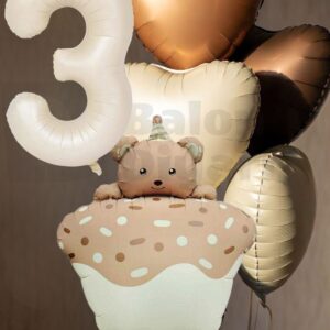 Yaş temalı Retro Ayıcık Pastalı 3 adet kalpli Doğum günü balon seti