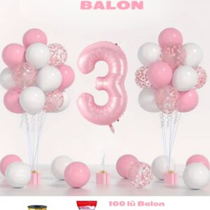 3 yaş Pembe Doğum Günü Balon Seti 78cm balon bandı rafyası dahil