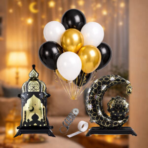 Ramazan Konsept Siyah Gold Balon Seti – Hilal & Fener Folyo Balon + Siyah Beyaz Gold Balon Buket Set