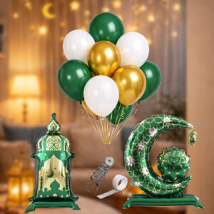 Ramazan Konsept Yeşil Gold Balon Seti – Hilal & Fener Folyo Balon + Yeşil Beyaz Gold Balon Buket Set