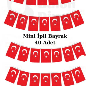 Mini İpli Bayrak 40li -Ay Yıldız- Türk bayrağı 23 nisan kutlama