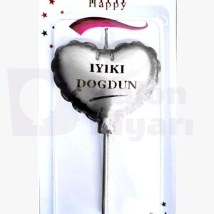 Pasta mumu Gümüş Kalp iyi ki doğdun yazılı 12cm büyük boy