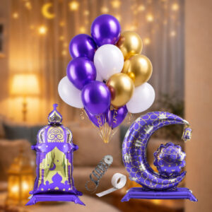 Ramazan Konsept Mor Gold Balon Seti – Hilal & Fener Folyo Balon + Mor Beyaz Gold Balon Buket Seti
