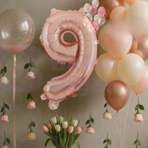 9 Yaş Rosegold Doğum Günü Seti Şeffaf Bobo hediyeli