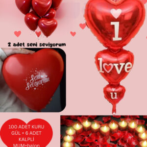 Kalpli Balon kalp Mum Kuru gül Yemek Seti Sevgililer Günü Yıl Dönümü Evlilik Teklifi Süs