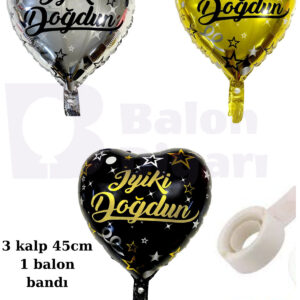 3 adet iyi ki doğdun kalp folyo balon 45cm