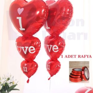 2 adet 3 lü kalp I love you folyo balon + rafya