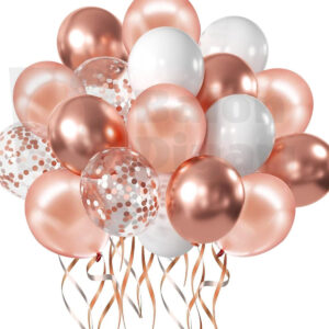 20 Adet Rose Gold, Beyaz ve Şeffaf Konfeti Balon Seti – Parti & Süsleme Balonları
