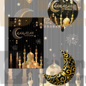 Ramazan Temalı Siyah Gold Dekor Seti – Ramazan Perde Afiş + Yuvarlak Folyo Balon + Yıldız Balon Seti