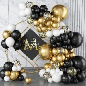 Siyah Beyaz Gold Konfeti Balon Seti - 80 Parça Parti Balonu + Zincir ve Bant HEDİYELİ